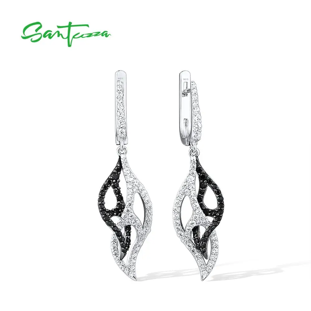 

SANTUZZA Silver Drop Earrings For Woman Pure 925 Sterling Silver Black Spinel White Cubic Zirconia Leaves Classical Fine Jewelry