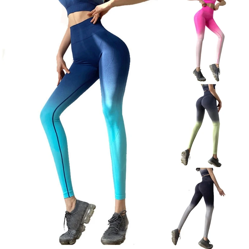 

A5KC Womens High Waist Seamless Stretchy Yoga Pants Gradient Contrast Color Tummy Control Leggings Push Up Butt Lift Gym Workout