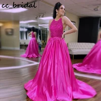 fuchsia satin long prom dresses 2020 elegant satin formal evening party gowns luxury applique lace vestidos de formatura