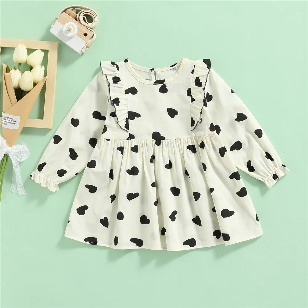 

1-4 Years Kids Girls Casual Love Print Long Sleeves Dresses Toddler Loose Ruffled Trim Princess Dresses 2022 Spring New Clothes