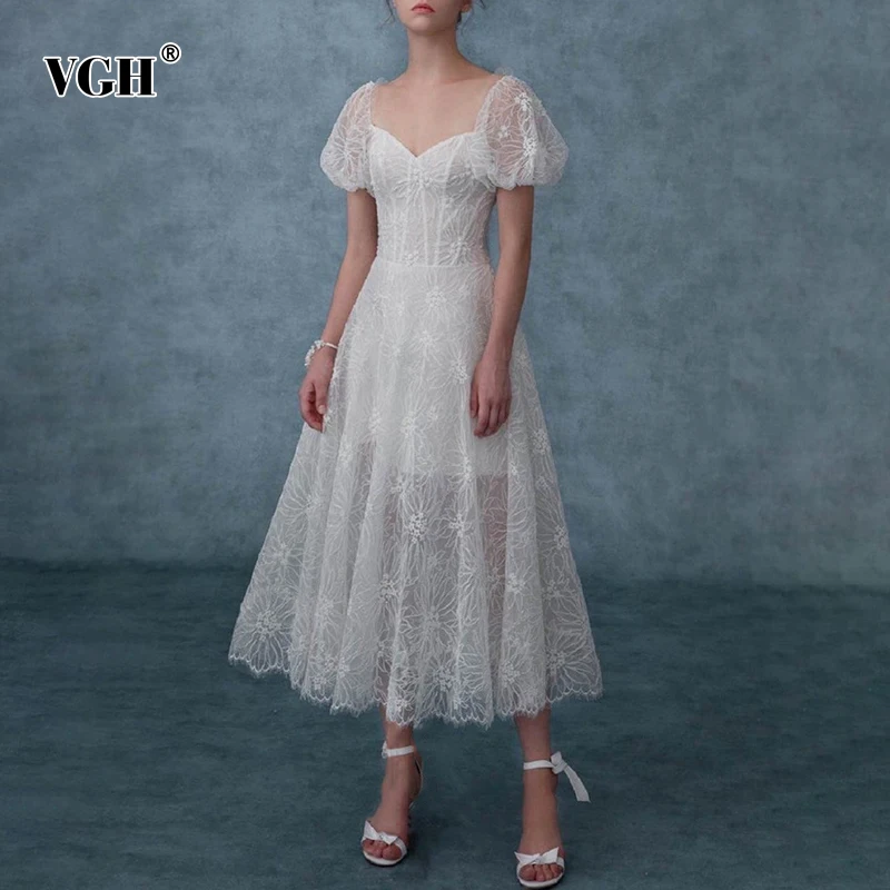 

Женское вечернее платье с квадратным вырезом VGH, элегантное белое кружевное Лоскутное Платье макси с короткими рукавами-фонариками и высок...