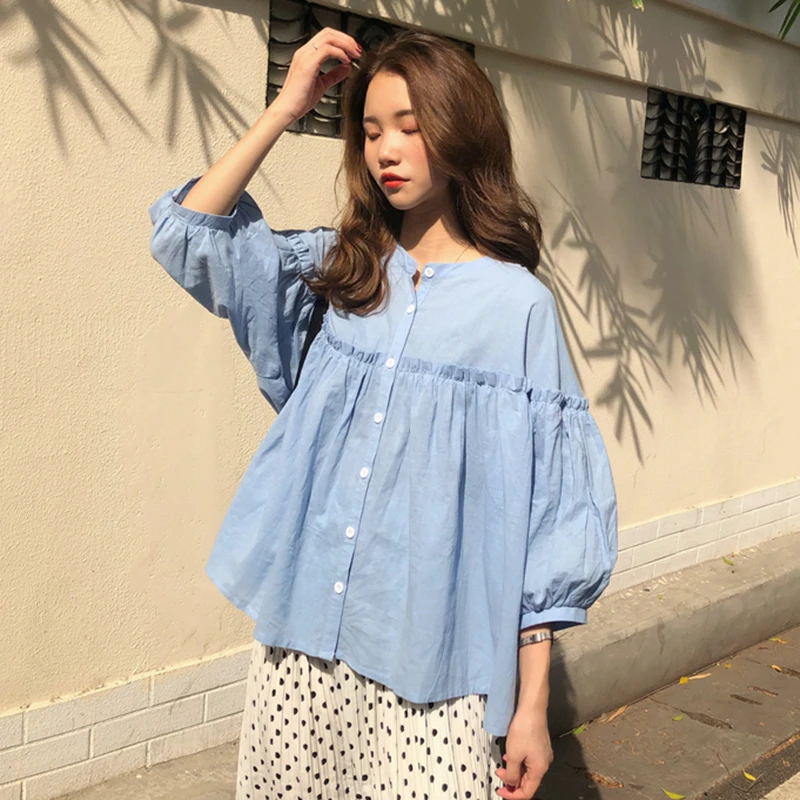 

2020 New Arrivals Korean Chic Sweet Blouse Shirt Three Quarter Latern Sleeved Loose Doll Shirt Casual Tunic Early Fall