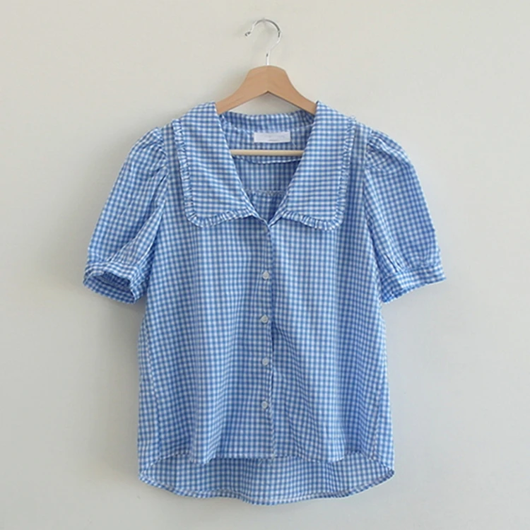 

New 2020 Summer Women's Blouses Peter Pan Collar Puff Sleeve Plaid Vintage Casual Fashionable Shirts Wild Lady Short Tops