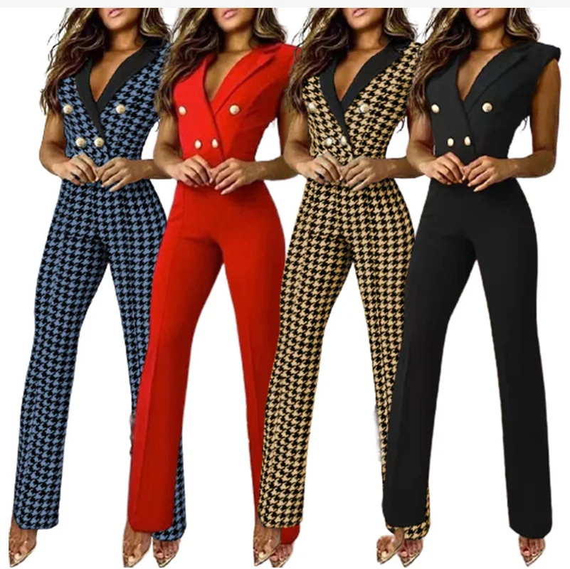 2022 Spring Summer Women's Color Matching Button V-neck Sleeveless Houndstooth Jumpsuit Professional Wear Women