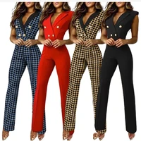 2022 spring summer womens color matching button v neck sleeveless houndstooth jumpsuit professional wear women
