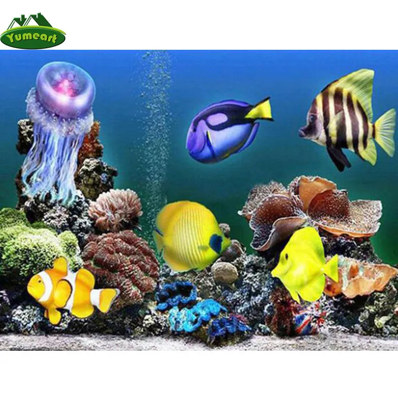 YUMEART DIY Алмазная Картина Пейзаж Аквариум 3D с украшением в виде кристаллов Вышивка