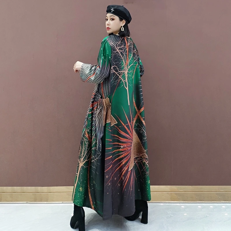 

SHENGPLLAE Elegant Printed Dress Women's Spring 2021 New Round Neck Loose Long Sleeve Fashion Mid- Calf Dresses Female 5C254