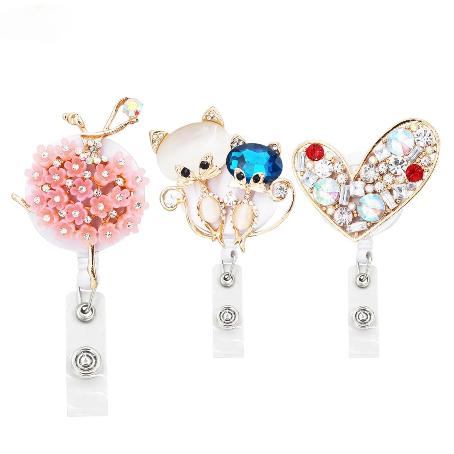 

3PC Lot Animal ID Retractable Badge Holder with Alligator Clip Retractable Cord ID Badge Reel Fox Dress Girl Horse Style