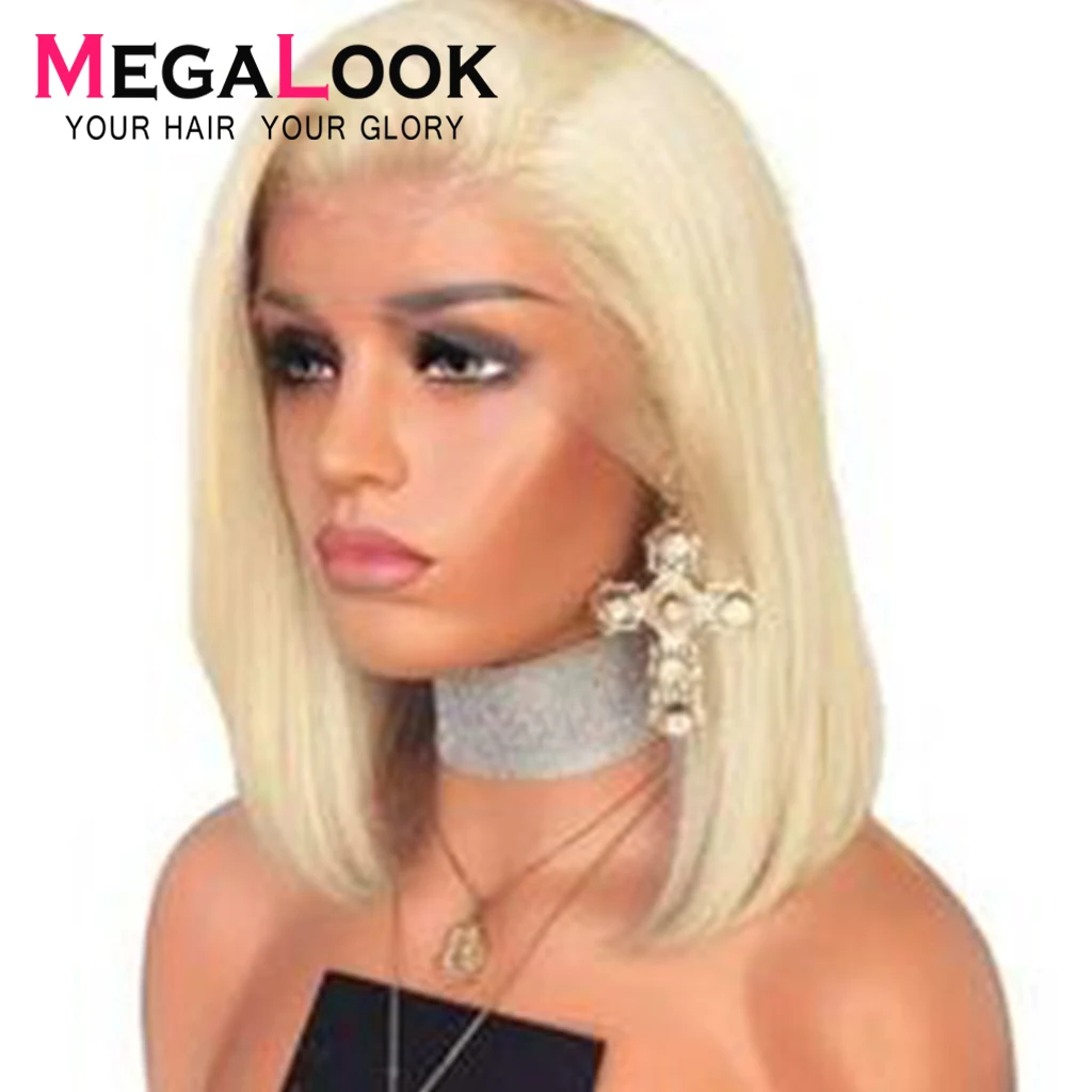 Прямой парик фронта шнурка блонд Боб Humain волосы Megalook Remy Hair13X4 короткие парики из