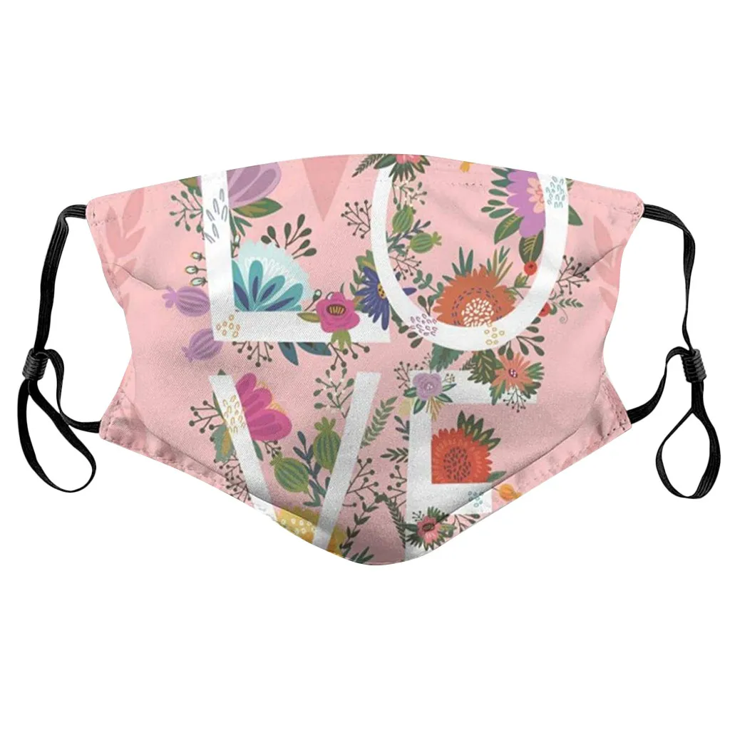 

1PC+ 2 Filters Universal Dust-Proof Smog-Washable Fashion Floral Letter 3D Printed Face Cover Mask For Adults Men And Women Mask