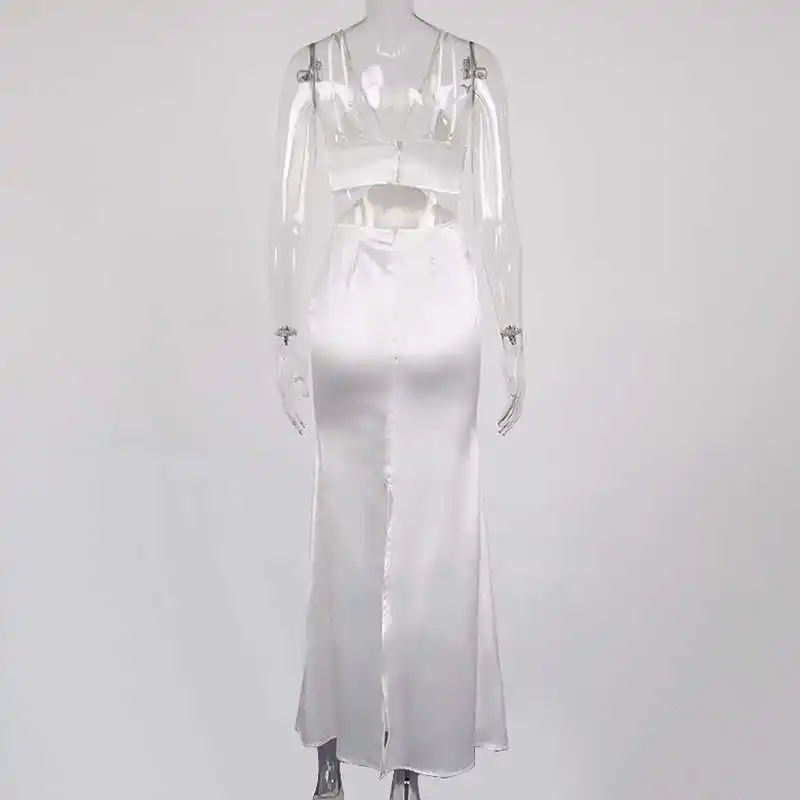 

Summer White Dress Sexy Backless Spaghetti Straps Split Single Breasted Maxi Dress Women Elegant Chic Casual Party Robe