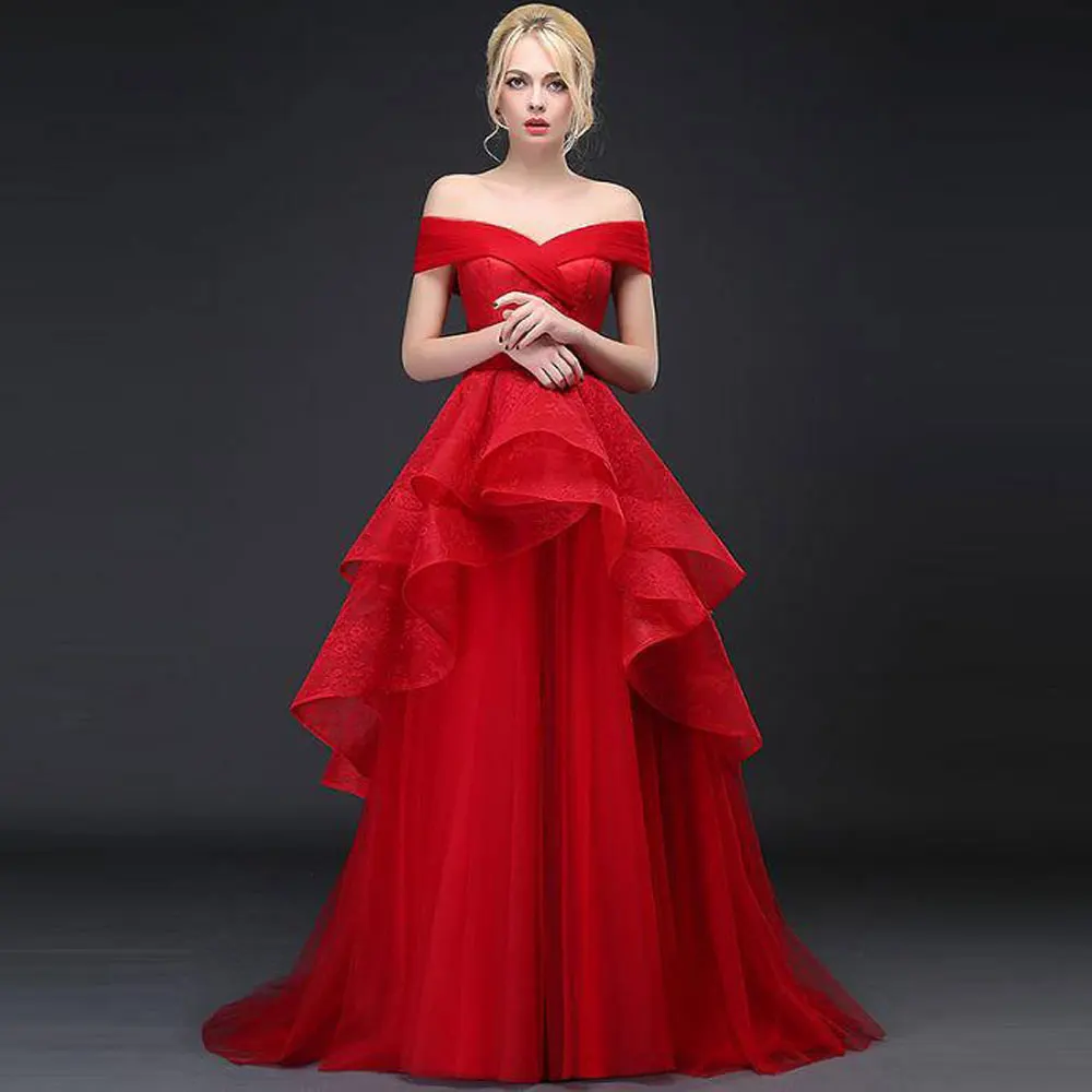 

Off-the-shoulder Sleeveless Banbage Layered Flouncing Red A-line Net/Tulle Sweetheart Sweep Floor length Applique Evening dress