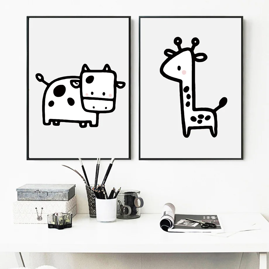 Мультяшные скандинавские плакаты милый жираф олень слон рисунок на холсте