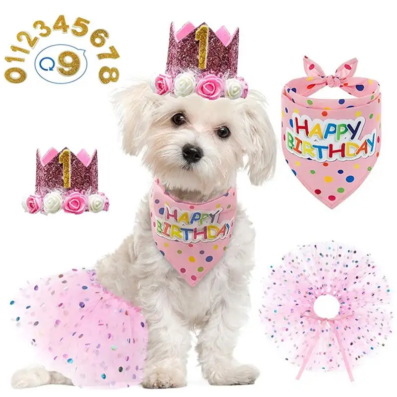 

Funny Pet Birthday Decoration Cute Dog Bandana Pet Drool Bib Dress Up Puppy Pink Skirt Crown Hat With Number For Birthday Party