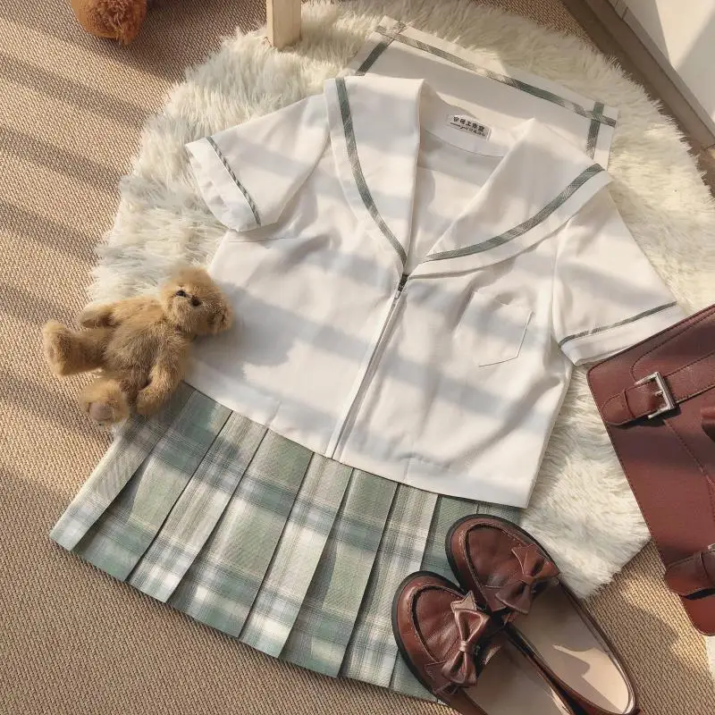 

Japanese JK Uniform Two Piece Set Women White Short Sleeve Shirts + Plaid Mini Skirt Preppy Style High Waist Skirts 2 Piece Set