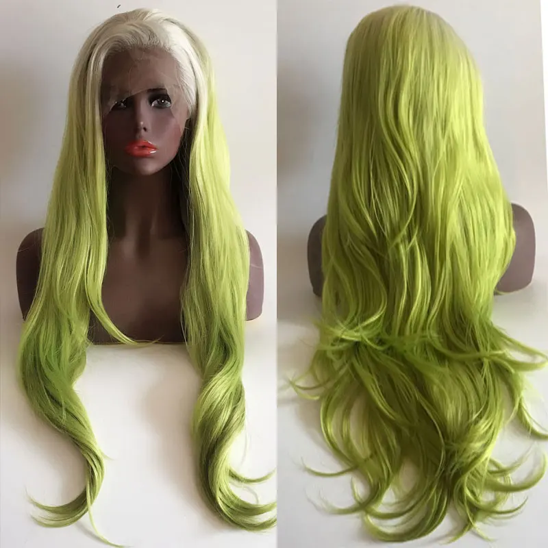 BM White Roots Ombre Green Natural Wave Synthetic 13*4 Lace Front Wig Heat Resistant Fiber Hair Natural Hairline For Women Wigs