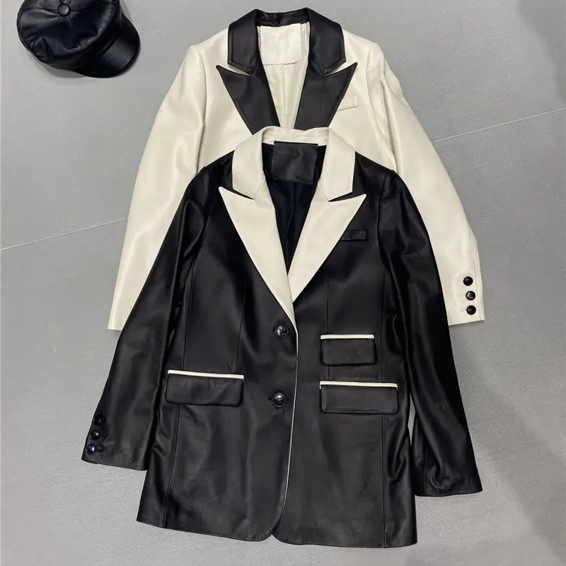Women 100% real sheepskin black white jacket ladies autumn winter casual genuine leather suit blazer