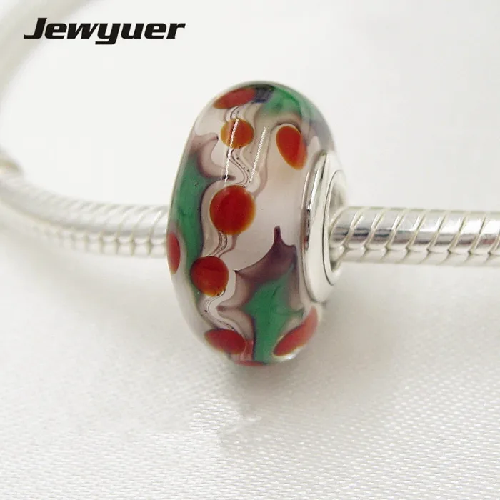 Christmas beads holly with white red and green Murano Glass bead 925 Sterling Silver jewelry fit charms bracelets necklaces DIY