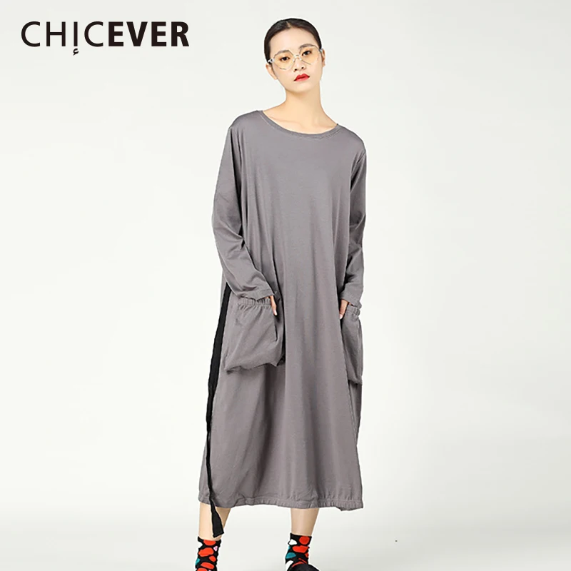 CHICEVER весеннее Черное женское платье с длинным рукавом большого размера круглым