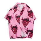 Гавайская пляжная рубашка с цветочным принтом, мужские рубашки, фиолетовый, розовый, дьявольский принт, рубашки с коротким рукавом, праздничные рубашки для мужчин, большие размеры