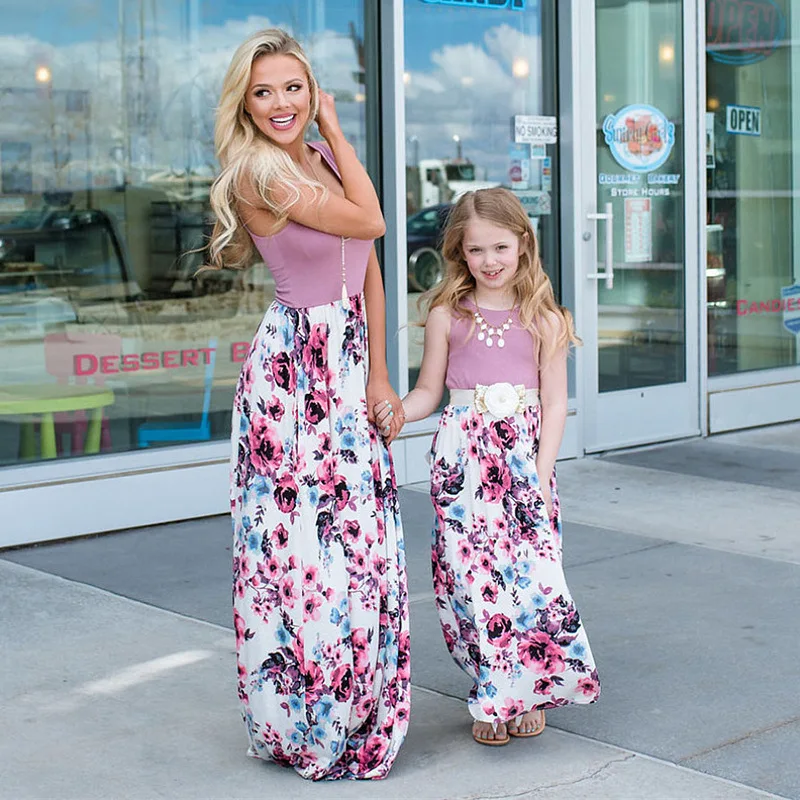 

Summer Mother And Daughter Parent-child Wear Vest Pocket Print Dress Patchwork Floral Long Skirt Girl Beach Skirt