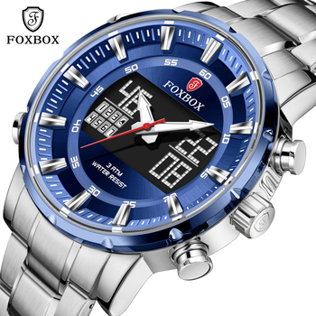 Mens Watches Top Luxury Brand Men Stainless Steel Sports Watches FOXBOX Mens Quartz LED Digital Clock Military Wrist Watch Male-36637