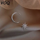Серьги-гвоздики VOQ из стерлингового серебра 925 пробы с блестящими звездами и Асимметричные в форме Луны, вечерние ювелирные украшения, аксессуары для одежды