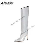 abesire long boots sequined cloth bling zipper knee high boots thin high heel women shoes silver new autumn winter big size boot