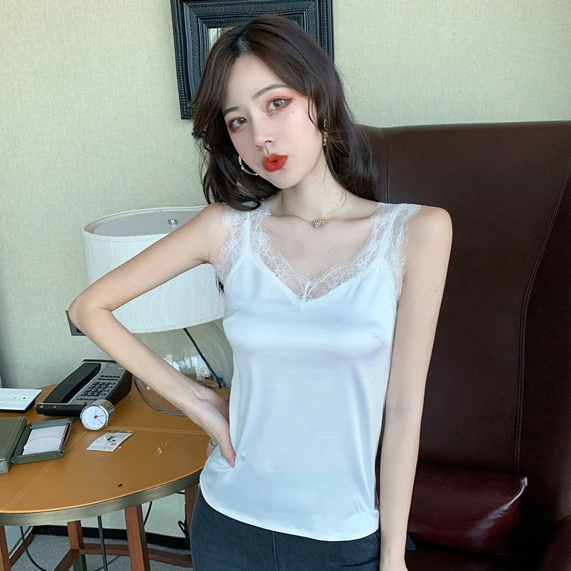 Корейский модный Шелковый женский топ уличная одежда пикантные топы кружевной