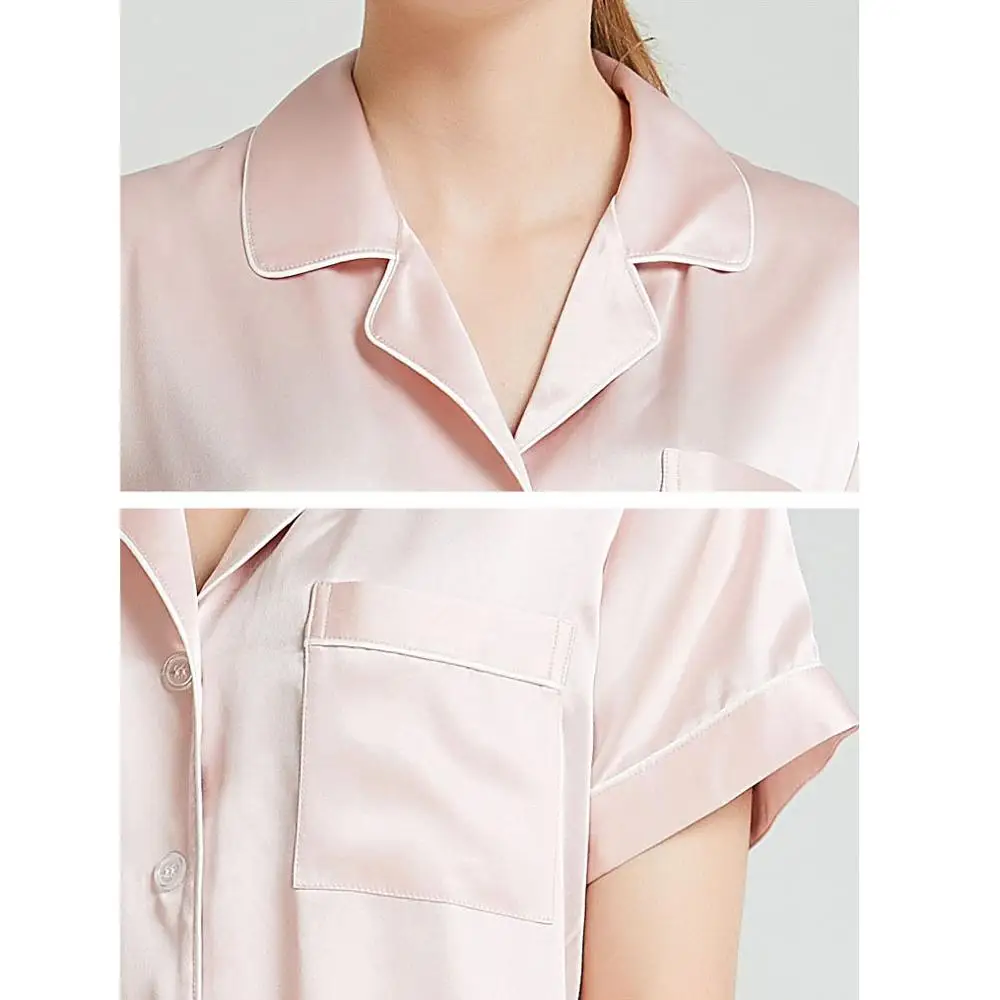 CAVME PLUS SIZE Silk Pajama Set for Women 100% Sleepwear 2 Pieces Short Sleeve Short Pants Solid Color Homewear Homeclothes