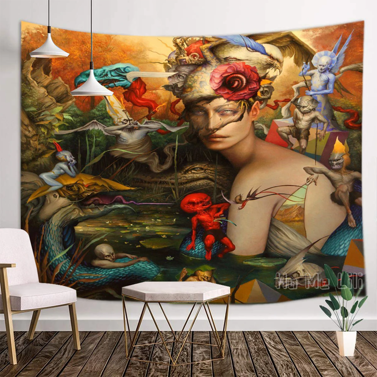 Tapiz de Interior &uacute;nico para artista surrealista, tapiz pintado de Dan Quintana con base de &aacute;ngeles-0