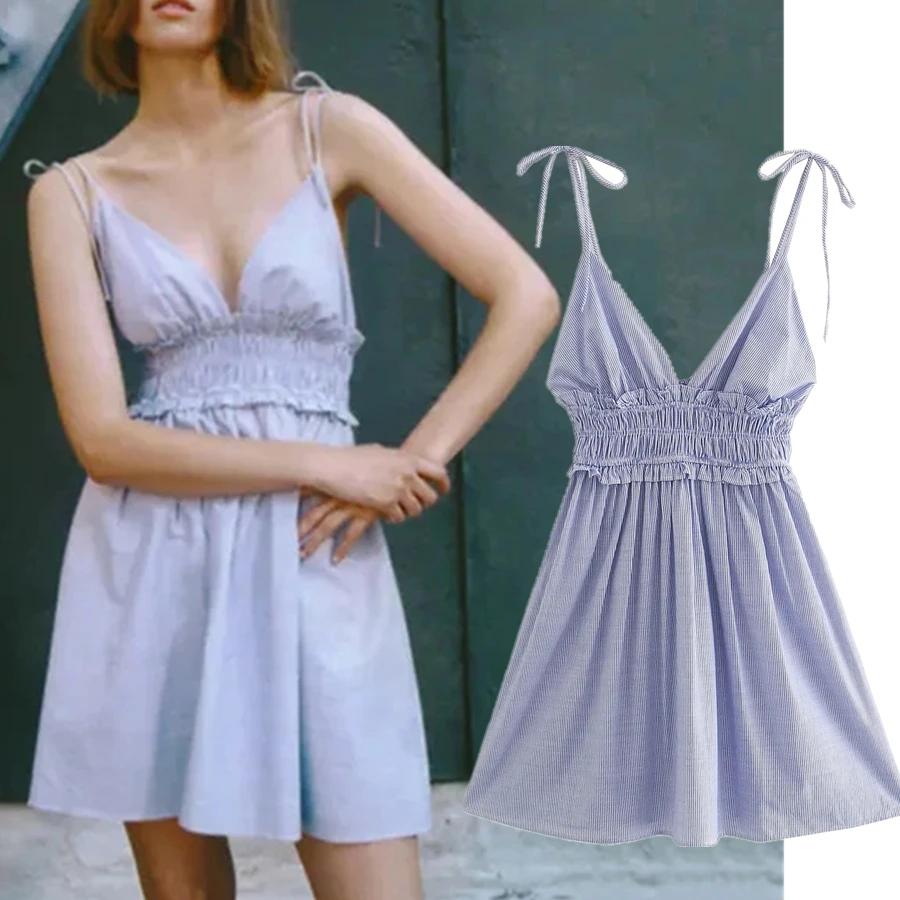 

Dave&Di Ins Fashion Blogger Vintage Striped Sexy Spaghetti Strapless Party Dresses Women Fashion Mini Dress Women Vestidos Tops