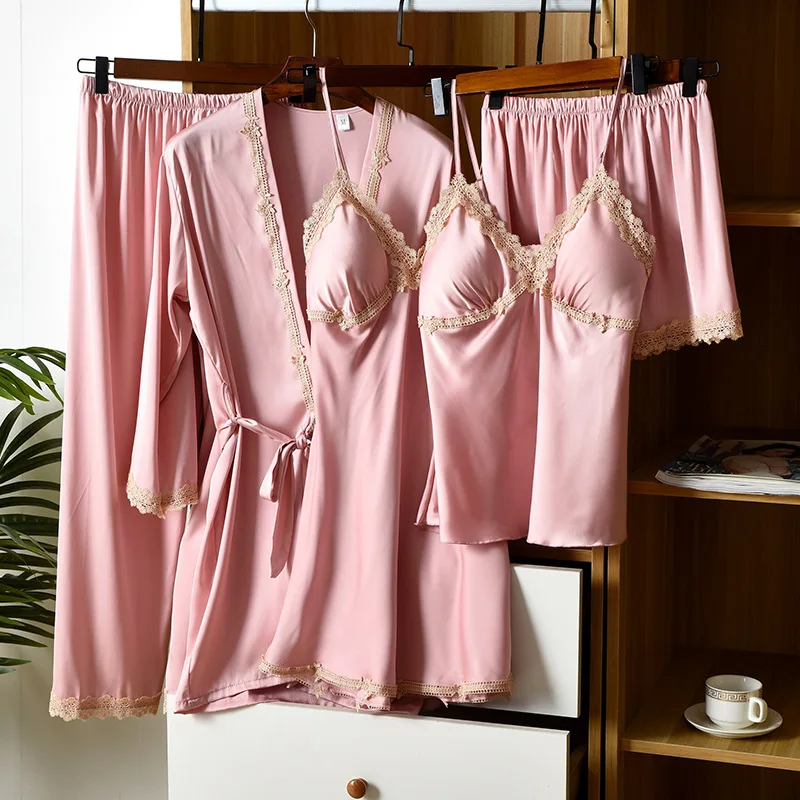

5PCS Pajamas Suit Women Homewear Pyjamas Lace Patchwork Sexy Satin Sleep Set Nightwear Spring Autumn New Lady Sleepwear