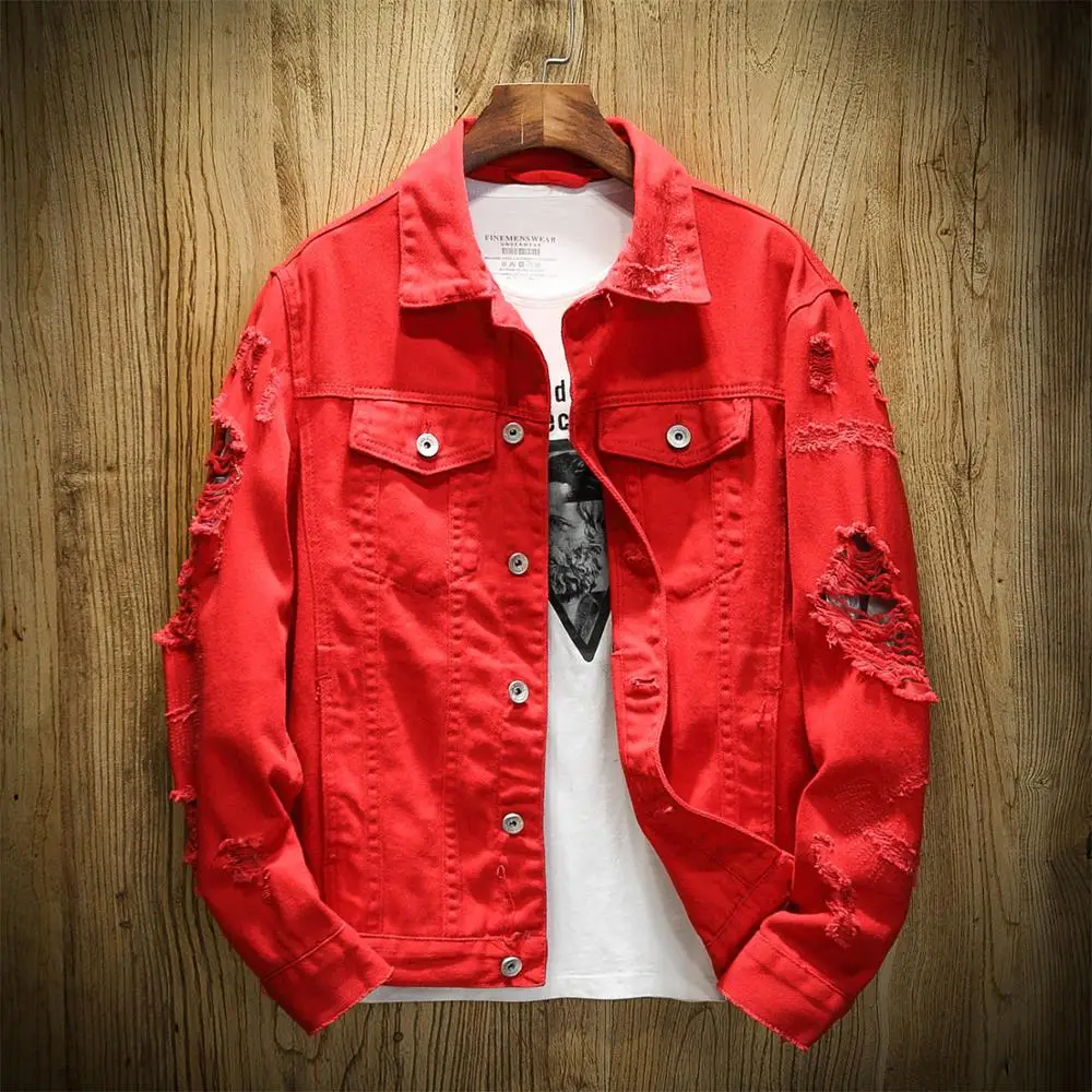

2021 Autumn New Men's Jean Jacket Slim Fit Cotton Denim Jacket Red White Black Ripped Hole Jean Coats Men Outwear Plus size