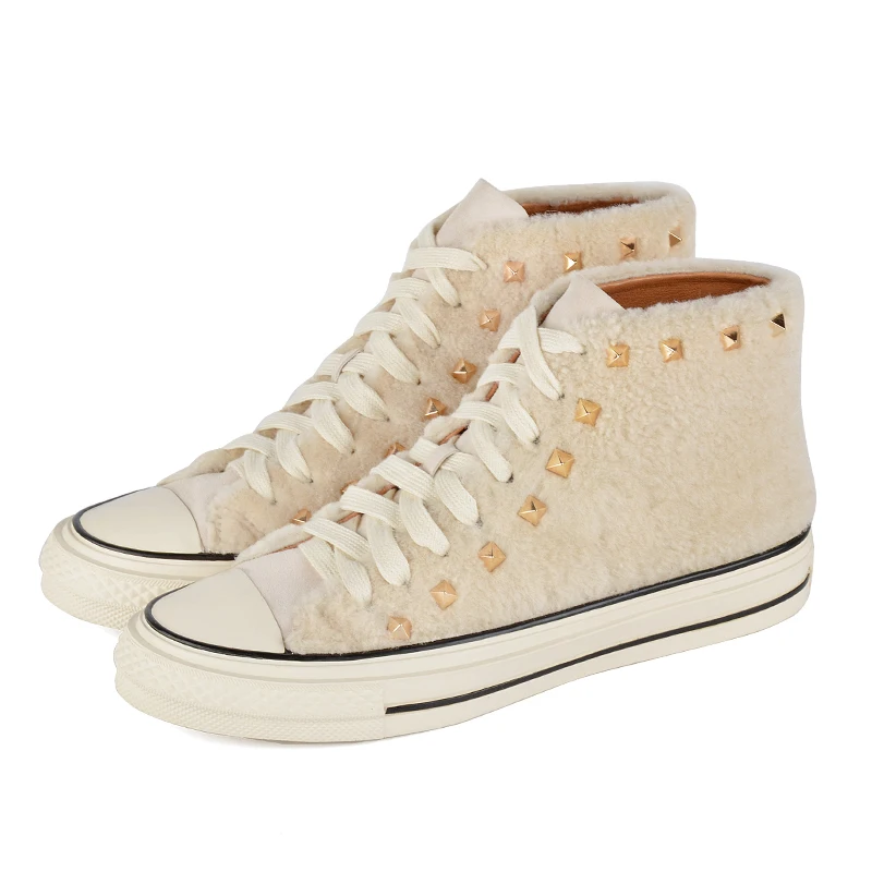 Beige-High top Donna-in/женские кроссовки с высоким берцем из натуральной кожи; повседневная обувь на плоской подошве со шнуровкой и заклепками; дышащая женская обувь; сезон осень-зима; - Цвет: Beige-High top
