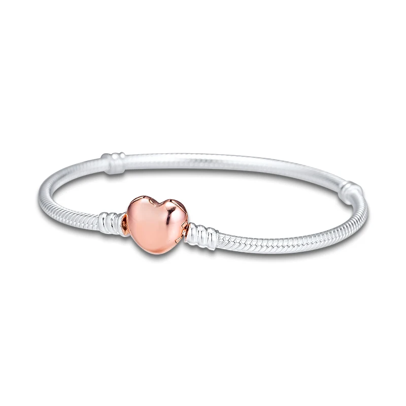 

Genuine 925 Sterling Silver Bracelets Bangles Rose Gold Heart Clasp Moments Bracelet for Women DIY Charms Jewelry Making kralen