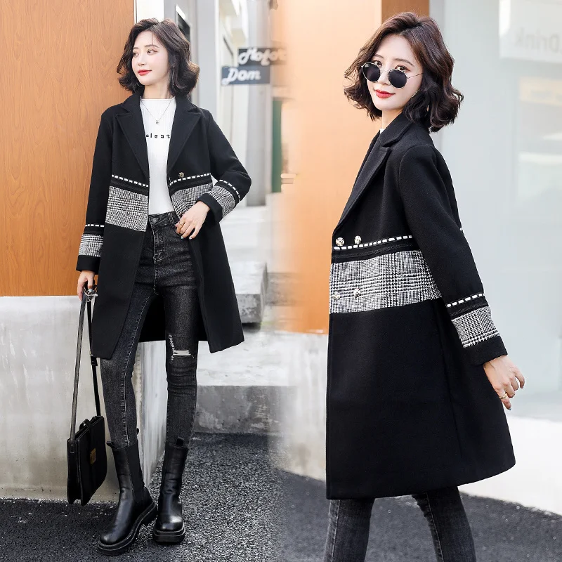 

Tailored Collar Black Woolen Coat 2021 Autumn And Winter New Women's Mid-Length Vintage Korean Style Small Overcoat Temperament
