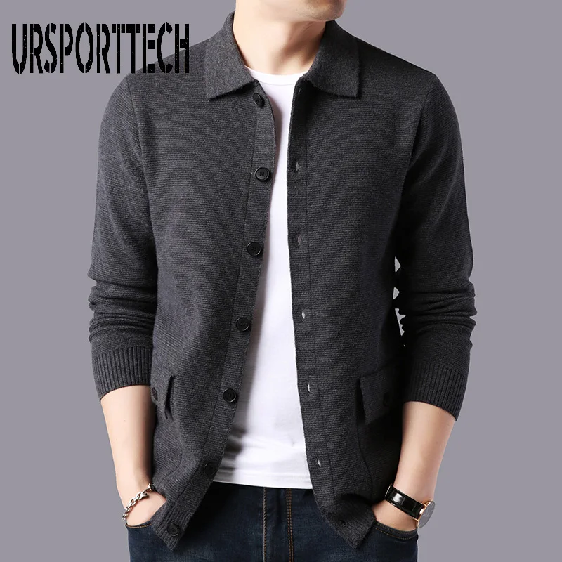 URSPORTTECH Men Cardigan Sweater Streetwear Fashion Sweater Coat Men Autumn Winter Warm Cashmere Woolen Cardigan Men With Pocket