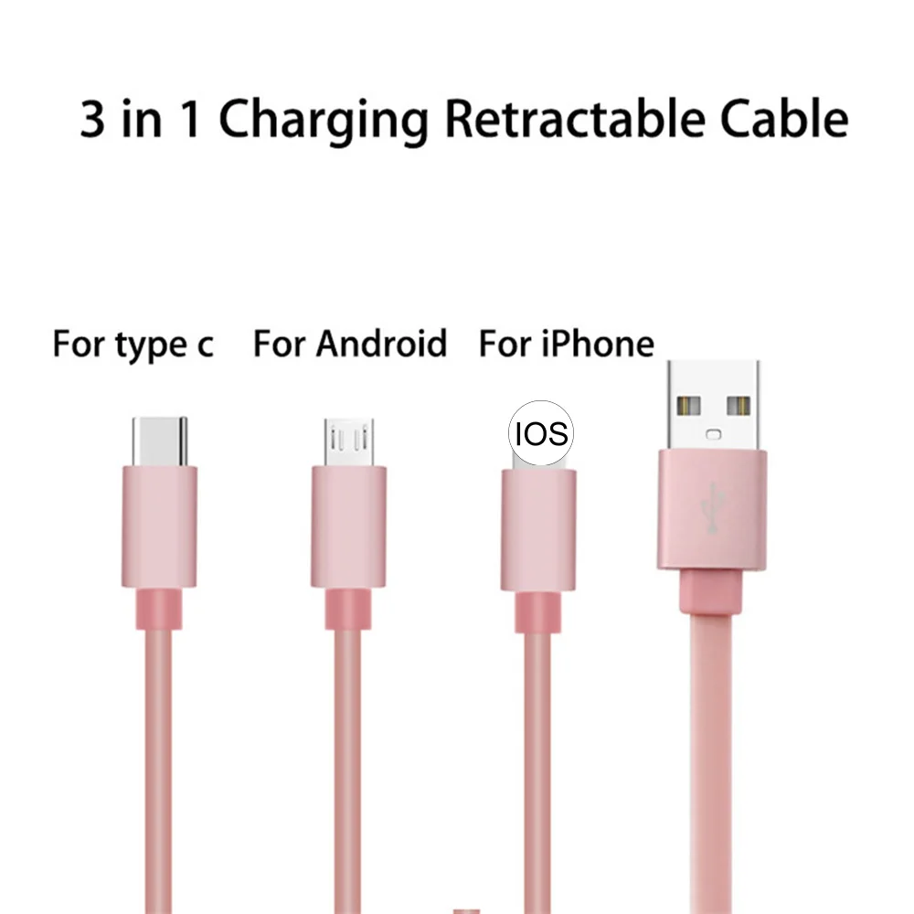 

3 In 1 Fast Charging Cable Retractable Type C Micro USB 2.4A Charger Cable Adapter Data Line For IPhone Android Smartphone