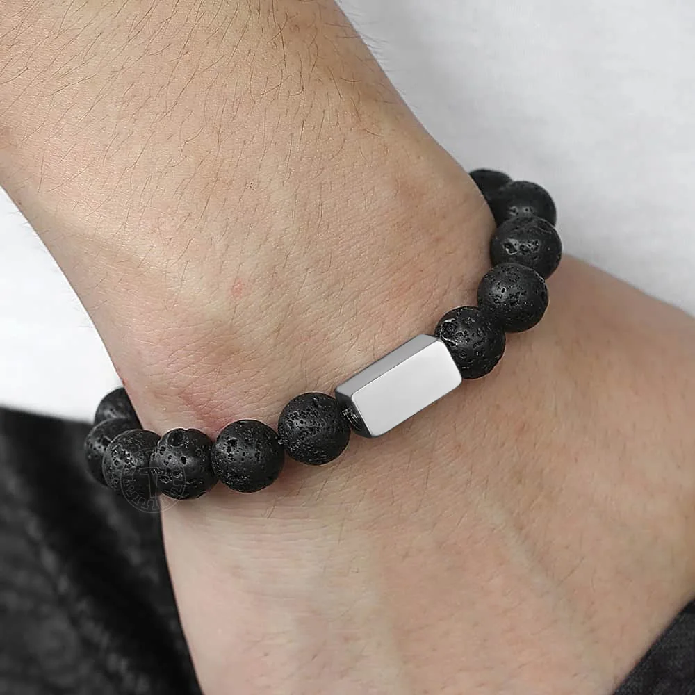 Мужской/женский браслет из черной лавы 10 мм с индивидуальным именем нержавеющей