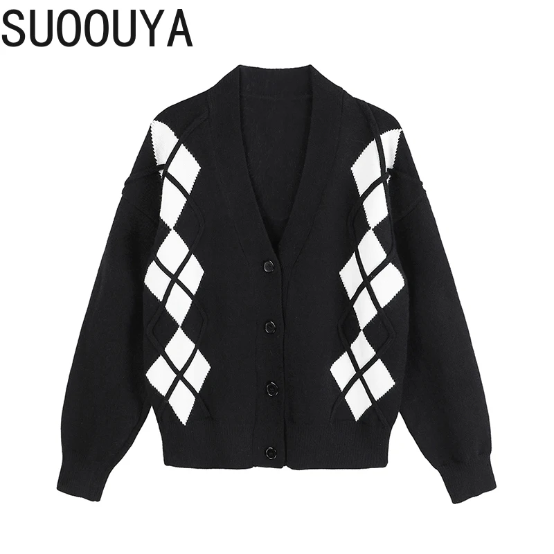 

[SUOOUYA] Women V-Neck Argyle Pattern Knitting Cardigan Sweater Loose Fit Long Sleeve New Fashion Tide Spring Clothes 2021