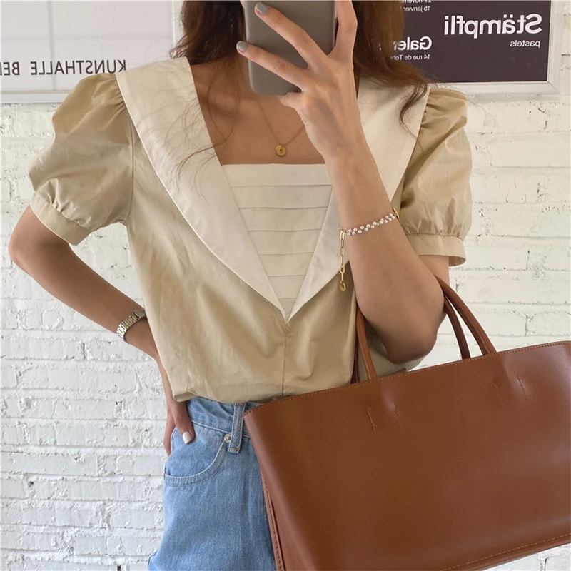 

Blouses Short Sleeves Summer Party New Chic 2021 Girls Square Collar Elegant Patchwork All Match Prom Women Shirts Tops