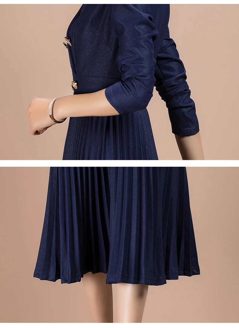 

2021 Spring Fashion Elegant Long Sleeve Suit Dress Pleated Blue Dress for Office Lady