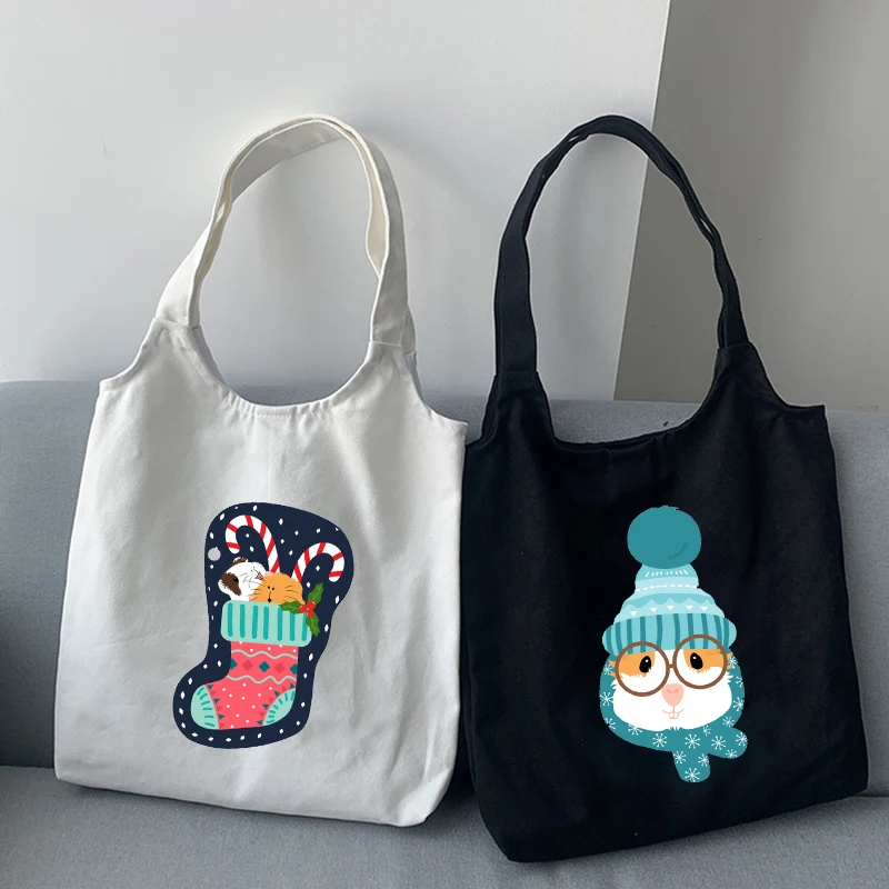 

Большая искусственная Холщовая Сумка для покупок, Хлопковая сумка с логотипом, холщовые сумки через плечо, симпатичная мультяшная Рождеств...