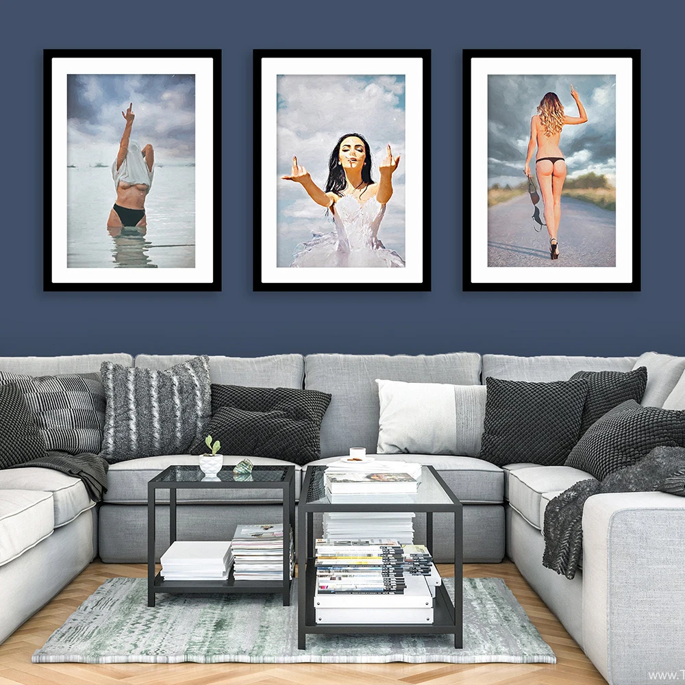 

Feminist Middle Finger Art Prints Sexy Woman Swearing Canvas Painting Poster Minimalist Wall Art Vintage Picture Blue Home Decor