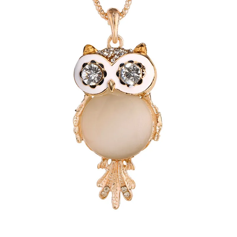 

QW Carved Carved Cute Owl Necklace Water Drill Oil Cat's Eye Woolen Chain