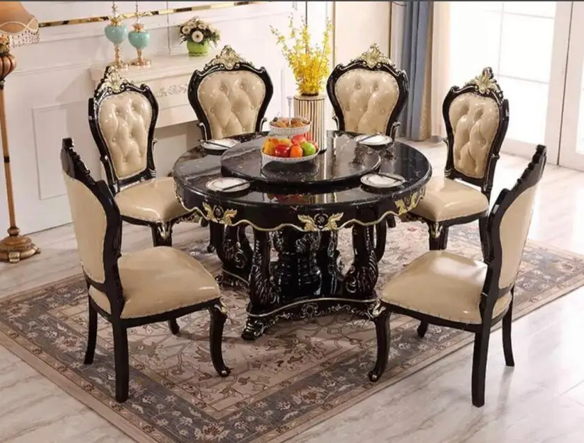 

European round dining table combination luxury ebony light luxury all solid wood carved marble dining table chair American famil