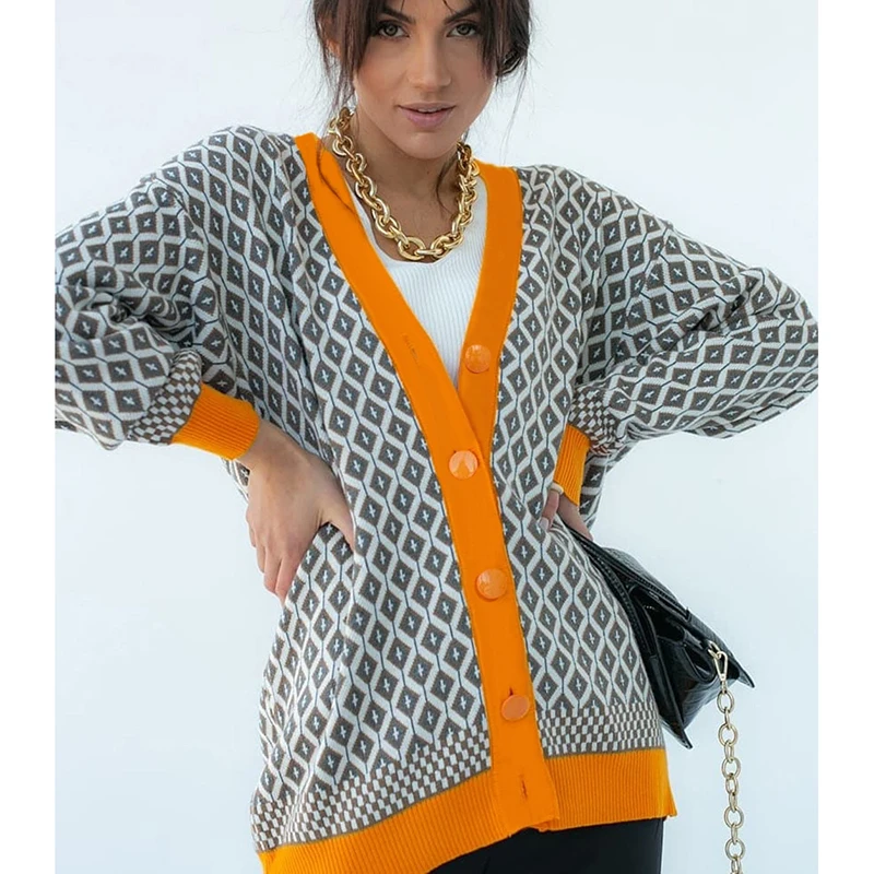 

Повседневный свитер, кардиганы для женщин, свободный свитер с V-образным вырезом и длинным рукавом, Женская куртка с принтом, осень 2021, Элега...