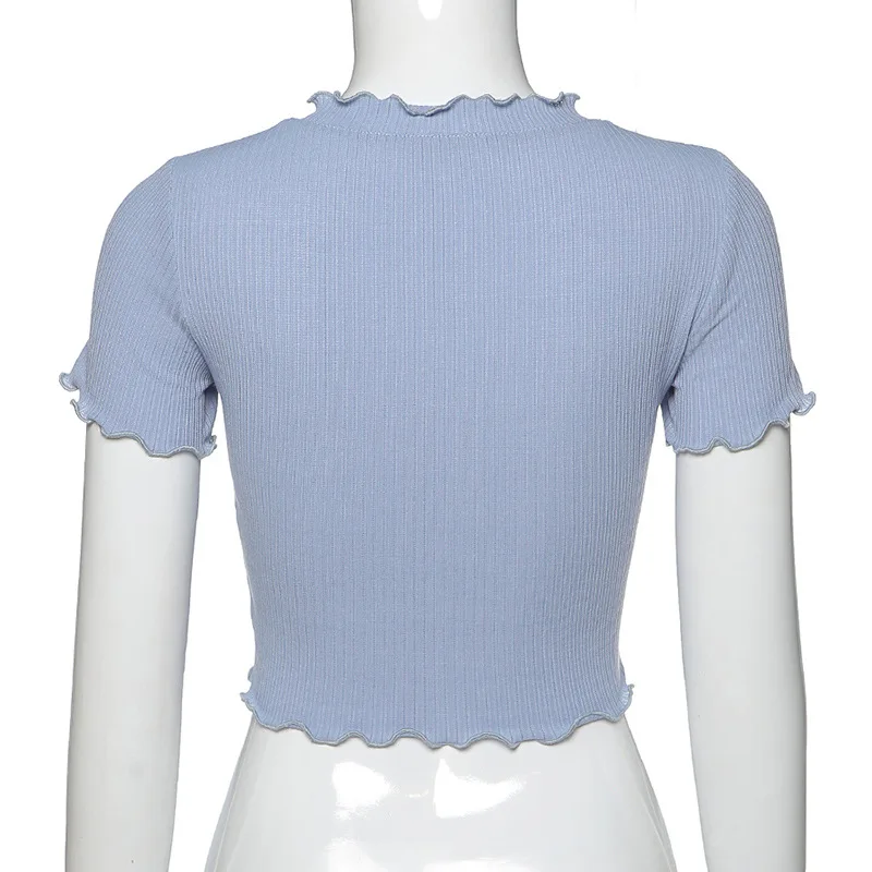 

2021 Sweet Pink Short Sleeve Crop Tops Summer Y2k Women Frill V-Neck Cardigan Short Tops Kawaii Harajuku Casual Street T-shirts