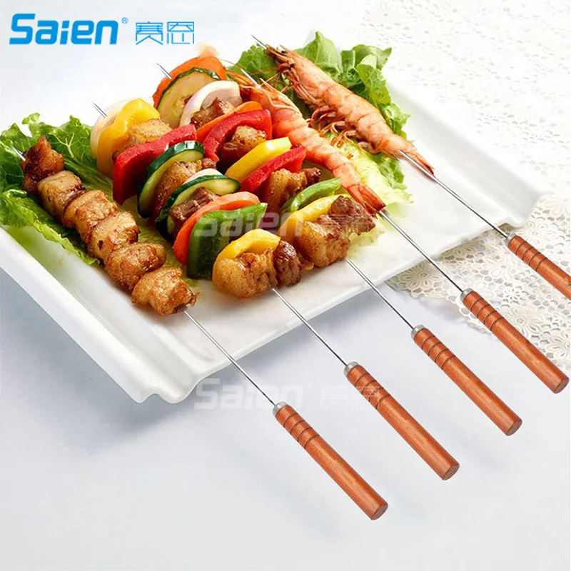 Double Prongs BBQ Barbecue Shish Kebab Skewers Stainless Steel Wooden Handle 16 inch 7-Piece | Спорт и развлечения